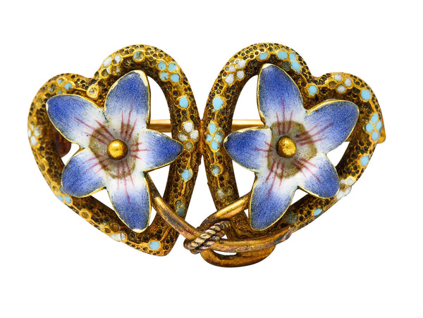 Krementz Art Nouveau Enamel 14 Karat Gold Double Floral Heart BroochBrooch - Wilson's Estate Jewelry
