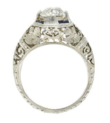 1920's Art Deco 1.76 CTW Diamond Sapphire 18 Karat White Gold Floral Engagement RingRing - Wilson's Estate Jewelry