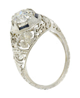 1920's Art Deco 1.76 CTW Diamond Sapphire 18 Karat White Gold Floral Engagement RingRing - Wilson's Estate Jewelry
