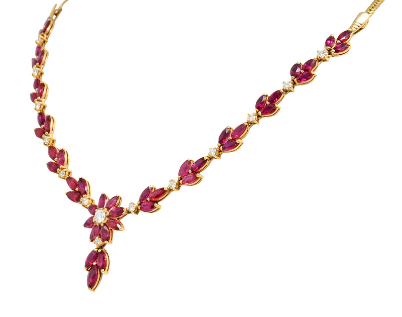 Vintage 11.50 CTW Ruby Diamond 18 Karat Yellow Gold Floral Cluster Station Necklace Wilson's Estate Jewelry