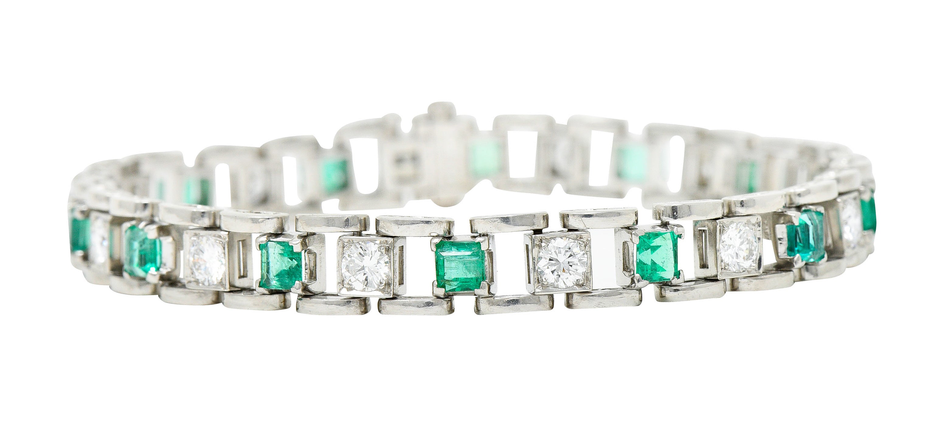 Mid-Century 5.45 CTW Diamond Emerald Platinum Link Braceletbracelet - Wilson's Estate Jewelry