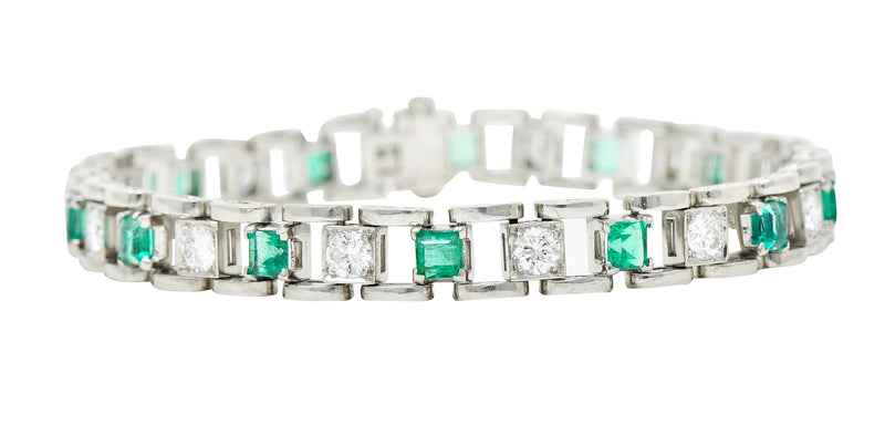 Mid-Century 5.45 CTW Diamond Emerald Platinum Link Braceletbracelet - Wilson's Estate Jewelry