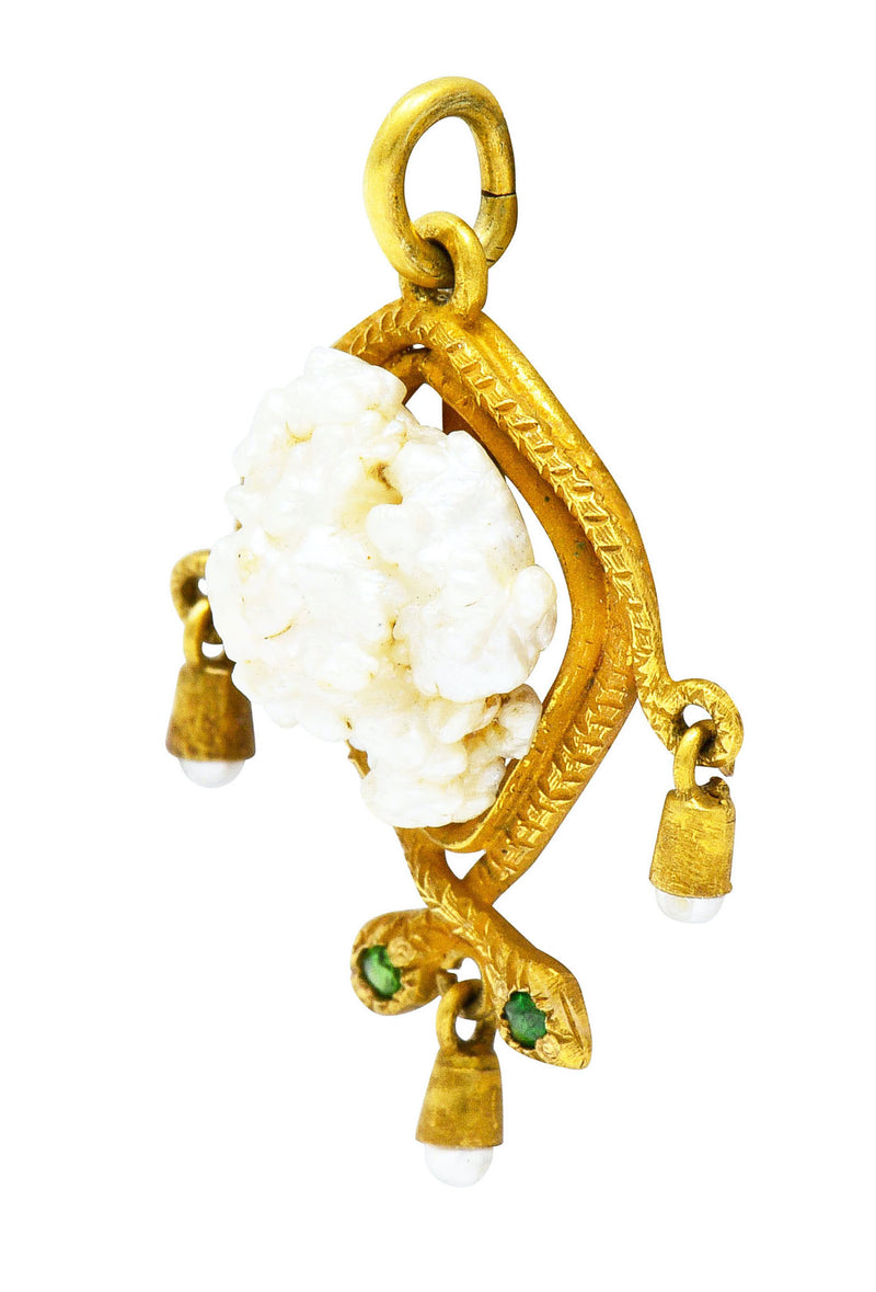 Victorian Baroque Pearl Demantoid Garnet 18 Karat Gold Snake Pendant Charmcharm - Wilson's Estate Jewelry