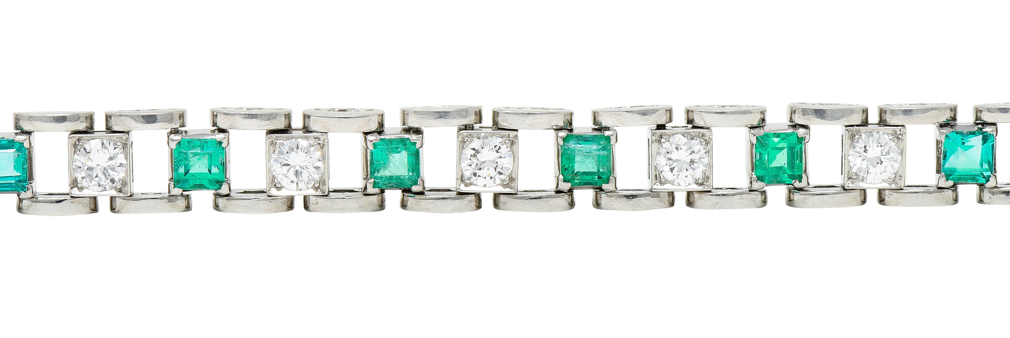 Mid-Century 5.45 CTW Diamond Emerald Platinum Link Braceletbracelet - Wilson's Estate Jewelry