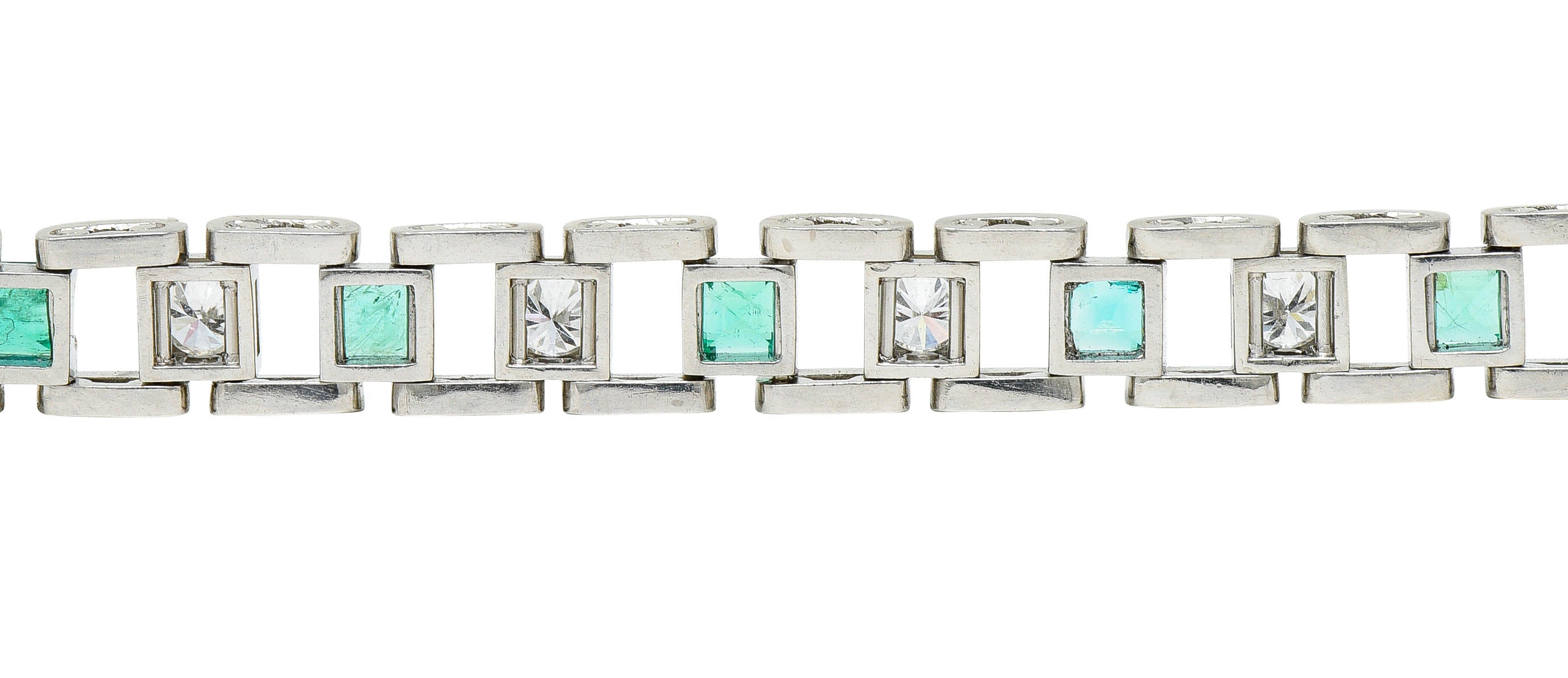 Mid-Century 5.45 CTW Diamond Emerald Platinum Link Braceletbracelet - Wilson's Estate Jewelry