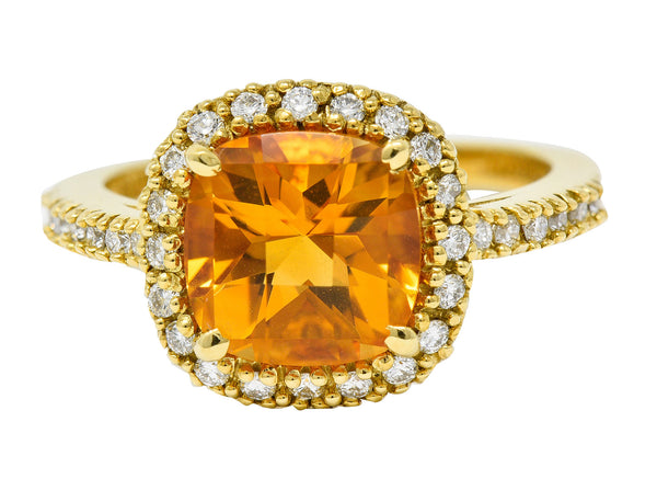 Checkerboard Citrine Diamond Halo 18 Karat Gold Gemstone RingRing - Wilson's Estate Jewelry