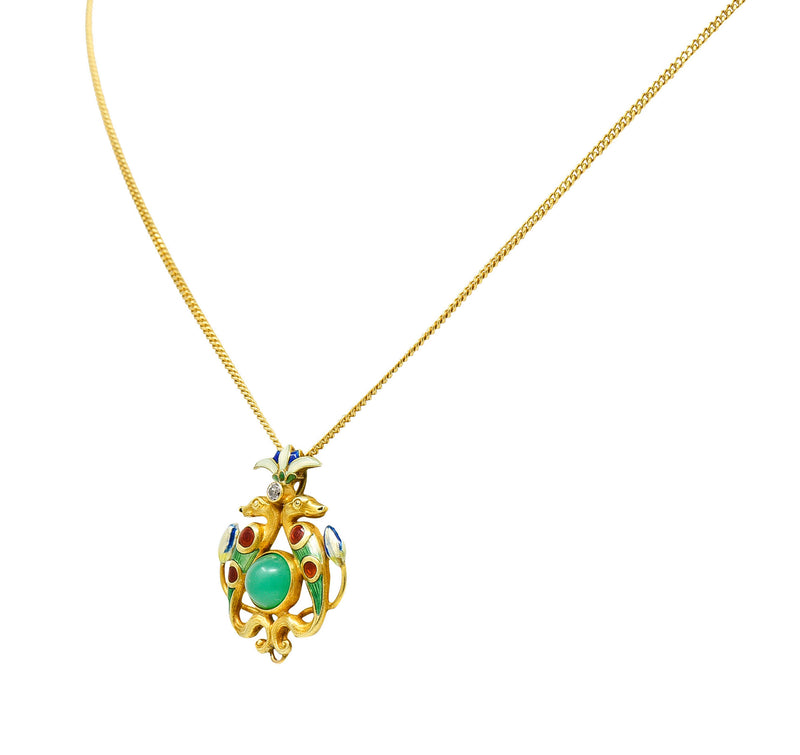 1920's Egyptian Revival Diamond Enamel 14 Karat Gold Serpent Pendant NecklaceNecklace - Wilson's Estate Jewelry