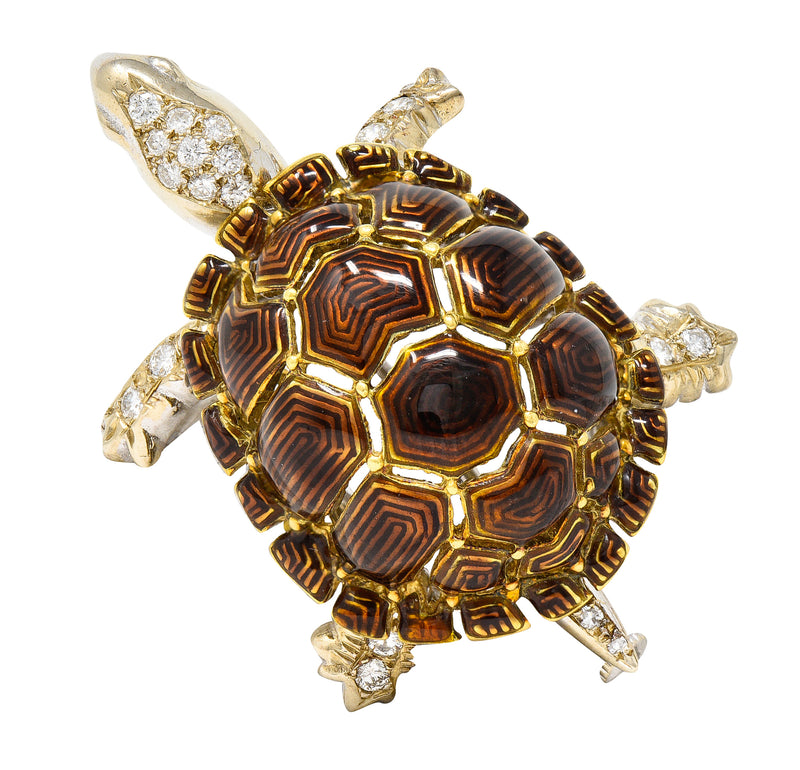 1960's UnoAErre Vintage Italian Diamond Guilloche Enamel Turtle Brooch Wilson's Estate Jewelry