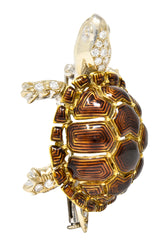 1960's UnoAErre Vintage Italian Diamond Guilloche Enamel Turtle Brooch Wilson's Estate Jewelry