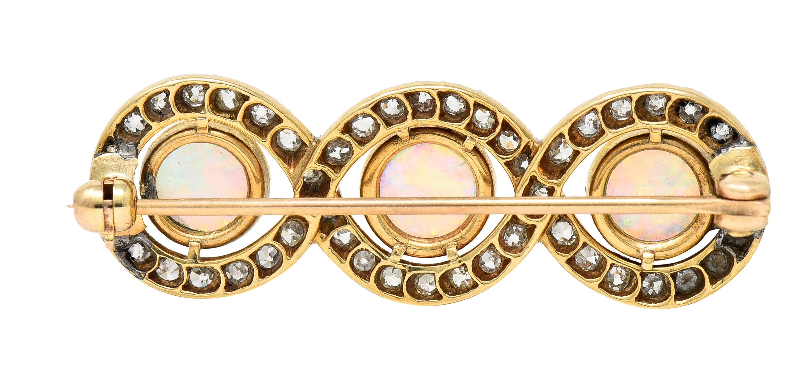 Edwardian Opal 1.00 CTW Diamond Platinum-Topped 18 Karat Gold Infinity Brooch Wilson's Estate Jewelry