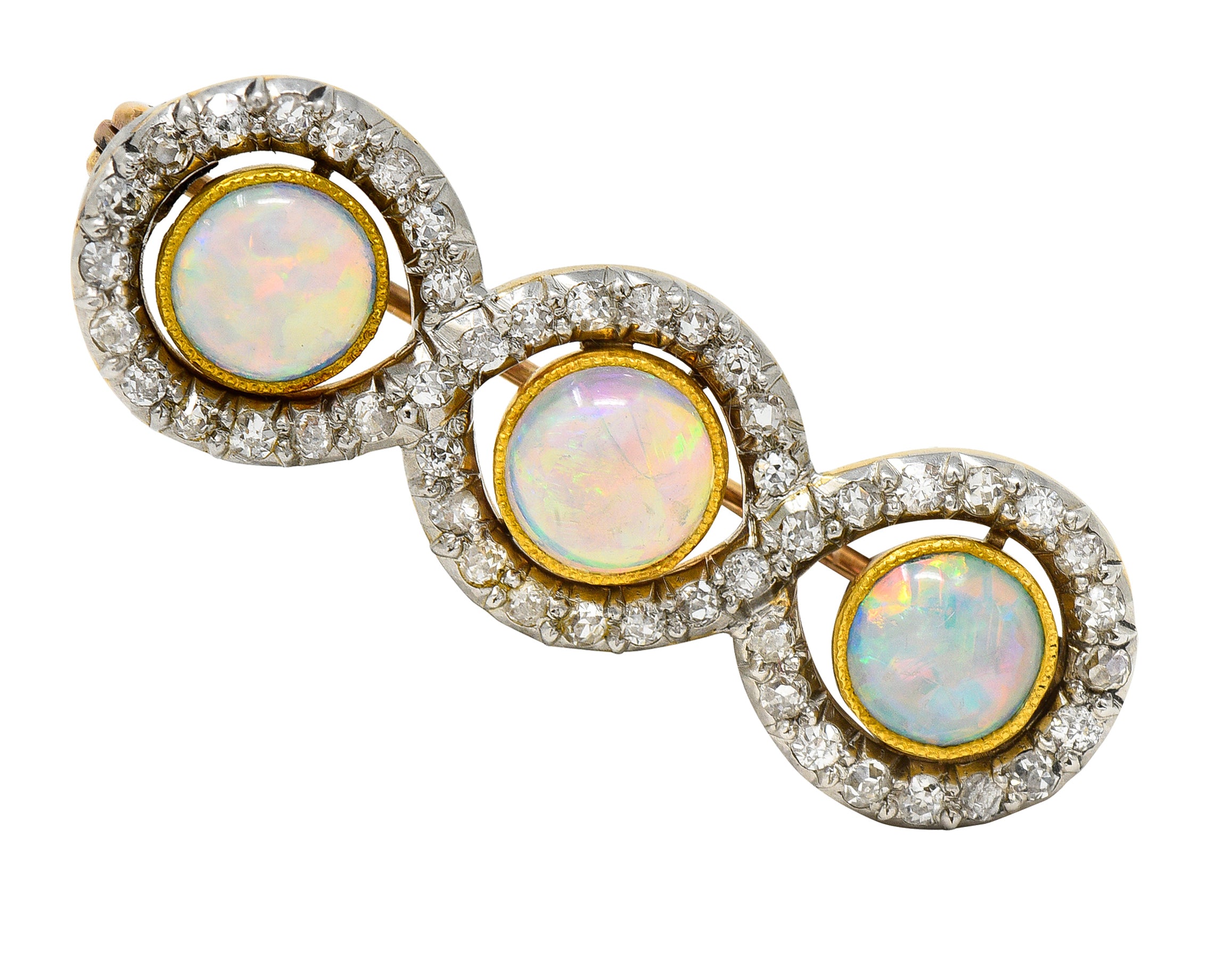 Edwardian Opal 1.00 CTW Diamond Platinum-Topped 18 Karat Gold Infinity Brooch Wilson's Estate Jewelry