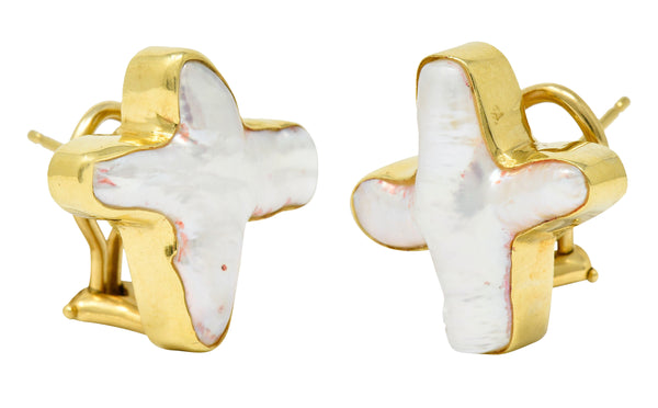 MAZ Vintage Biwa Pearl 18 Karat Gold X EarringsEarrings - Wilson's Estate Jewelry
