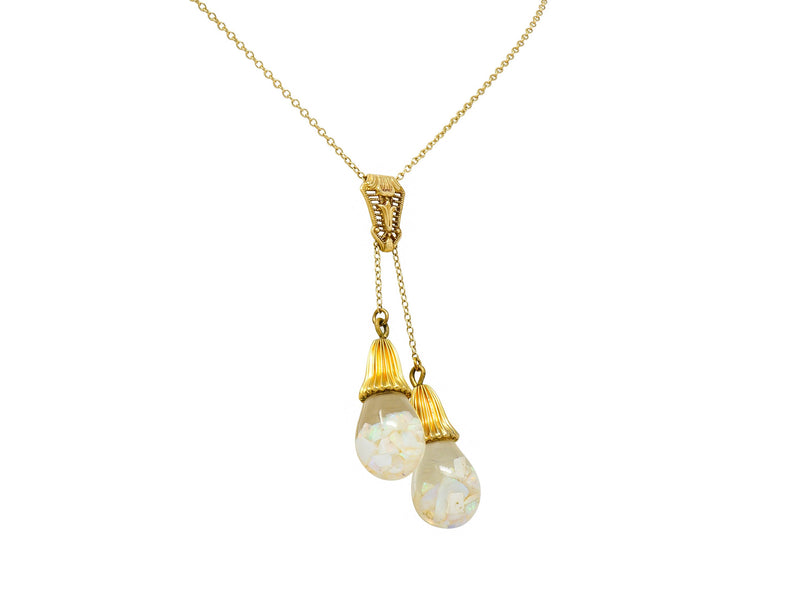 Art Deco Floating Opal 14 Karat Gold Double Drop NecklaceNecklace - Wilson's Estate Jewelry