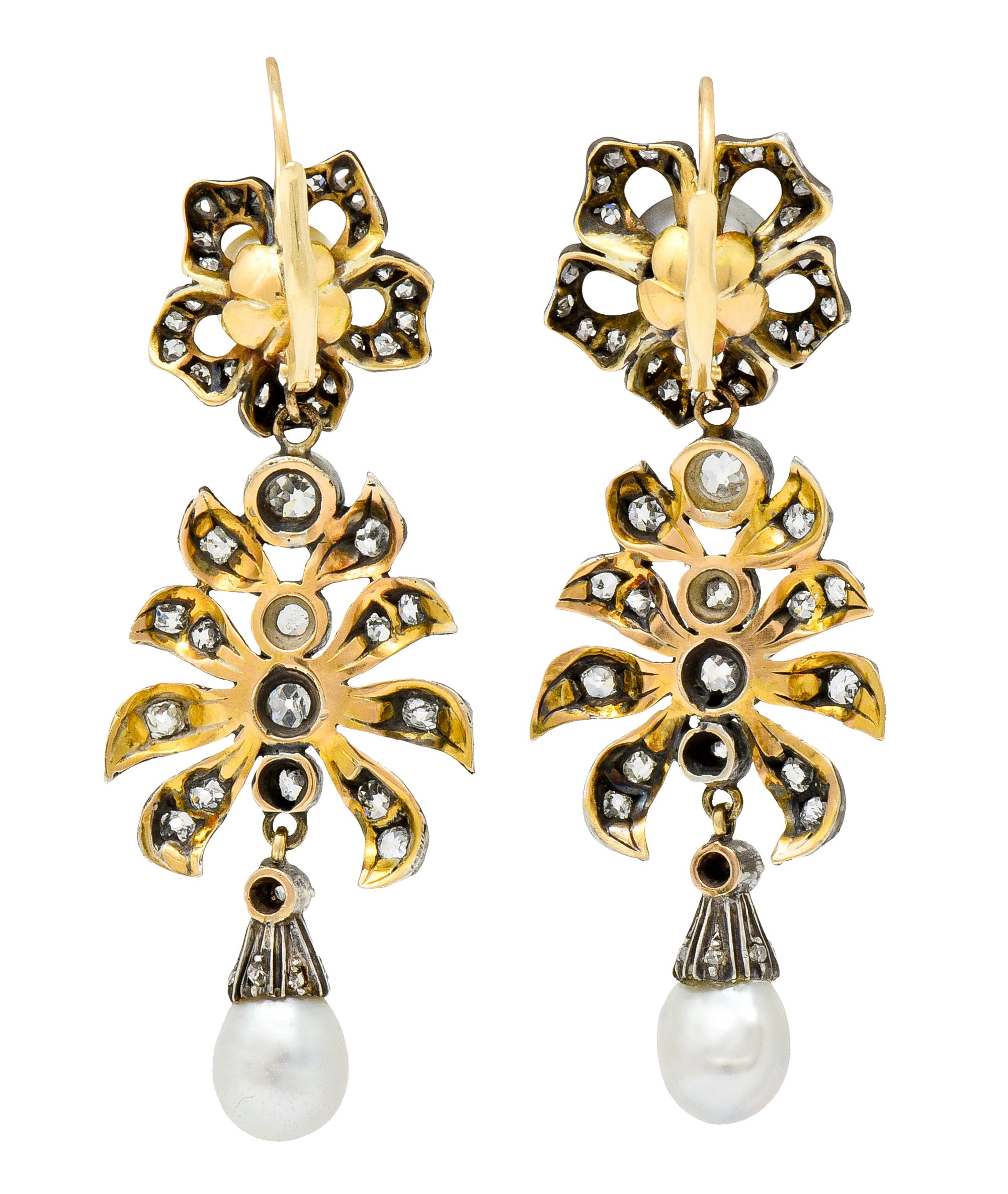 Victorian Diamond Natural Pearl Gold Silver Floral Drop Earrings GIA - Wilson's Estate Jewelry