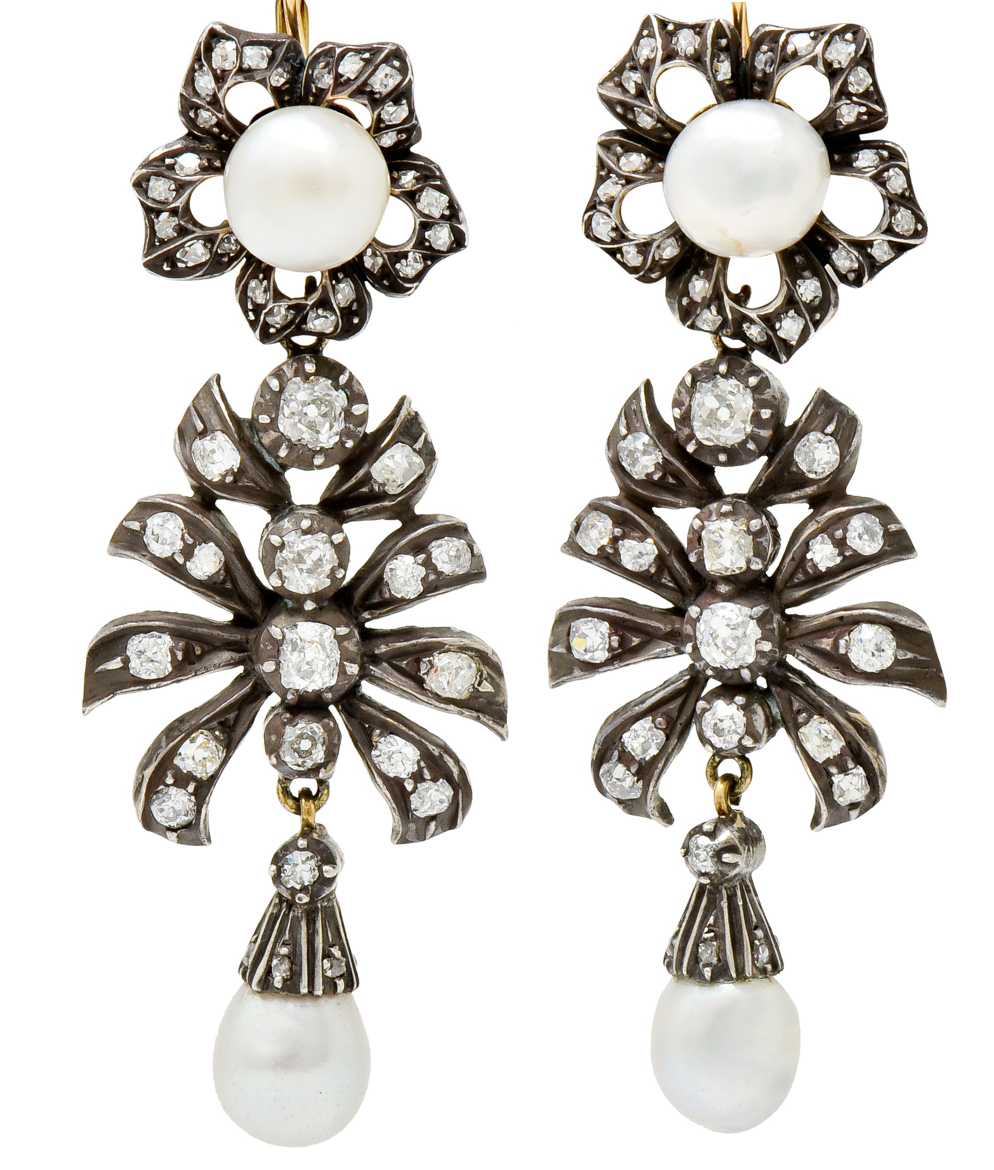 Victorian Diamond Natural Pearl Gold Silver Floral Drop Earrings GIA - Wilson's Estate Jewelry