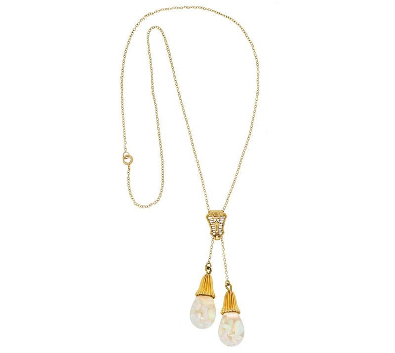 Art Deco Floating Opal 14 Karat Gold Double Drop NecklaceNecklace - Wilson's Estate Jewelry