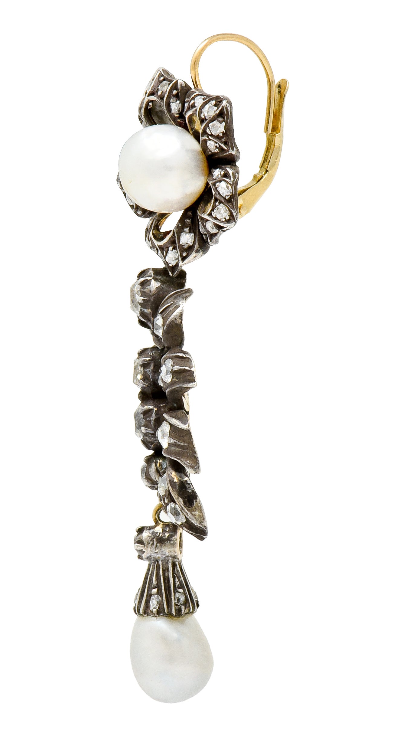 Victorian Diamond Natural Pearl Gold Silver Floral Drop Earrings GIA - Wilson's Estate Jewelry