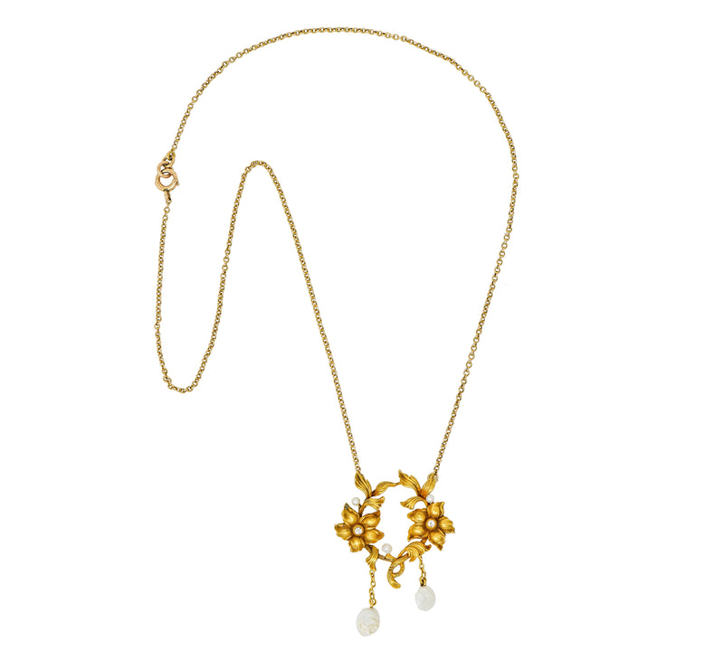 Art Nouveau Pearl Diamond 18 Karat Gold Floral NecklaceNecklace - Wilson's Estate Jewelry