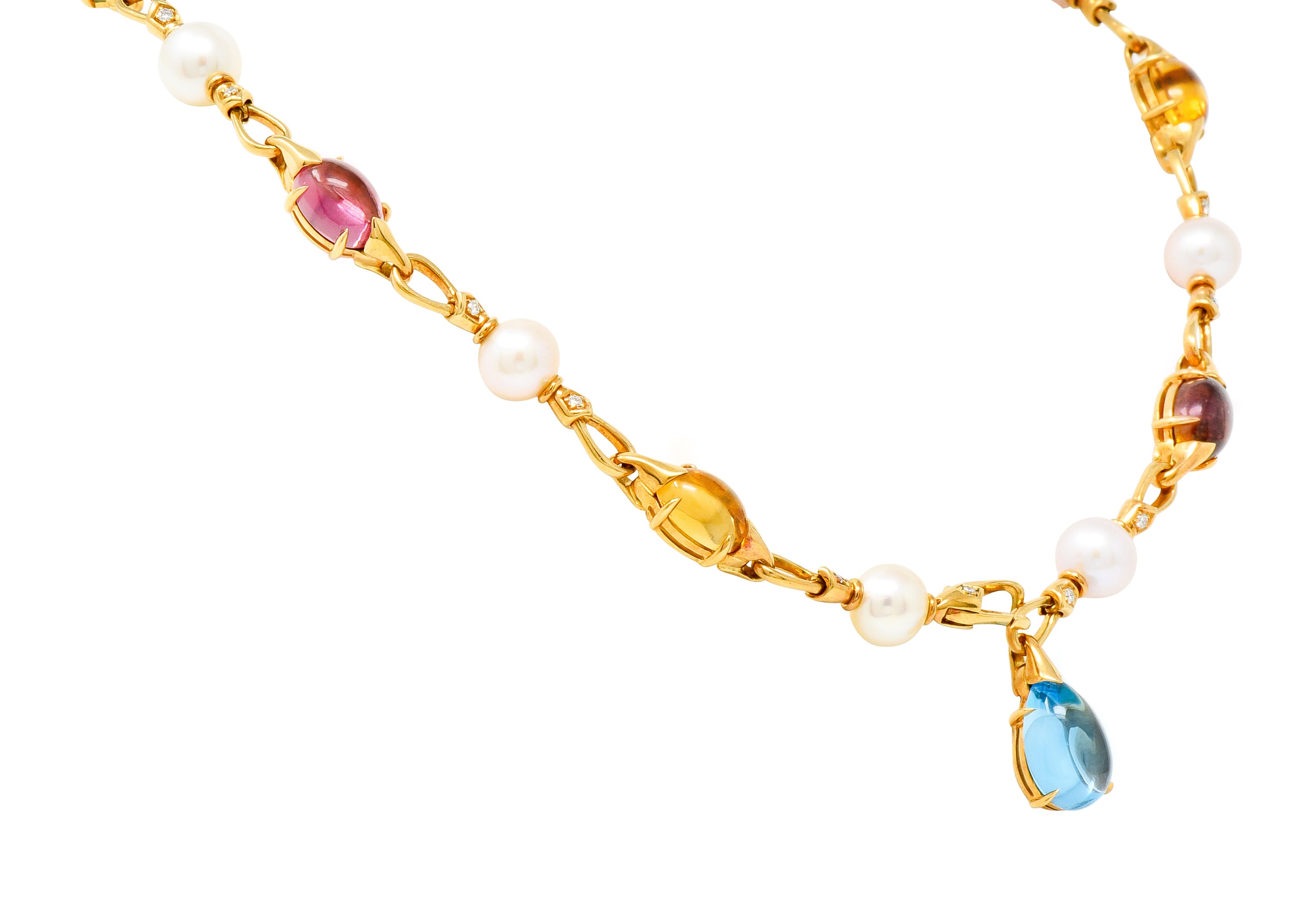 Bulgari Allegra Tourmaline Citrine Topaz Pearl Diamond 18 Karat Gold Station Chain Link Necklace - Wilson's Estate Jewelry
