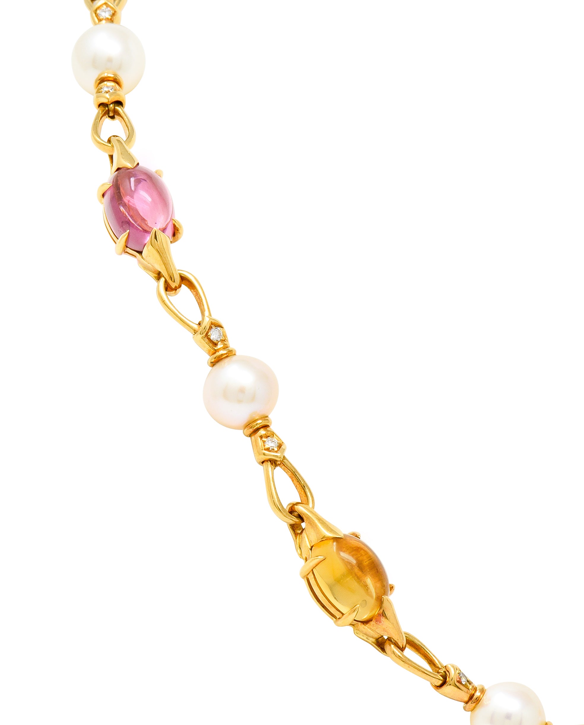Bulgari Allegra Tourmaline Citrine Topaz Pearl Diamond 18 Karat Gold Station Chain Link Necklace - Wilson's Estate Jewelry