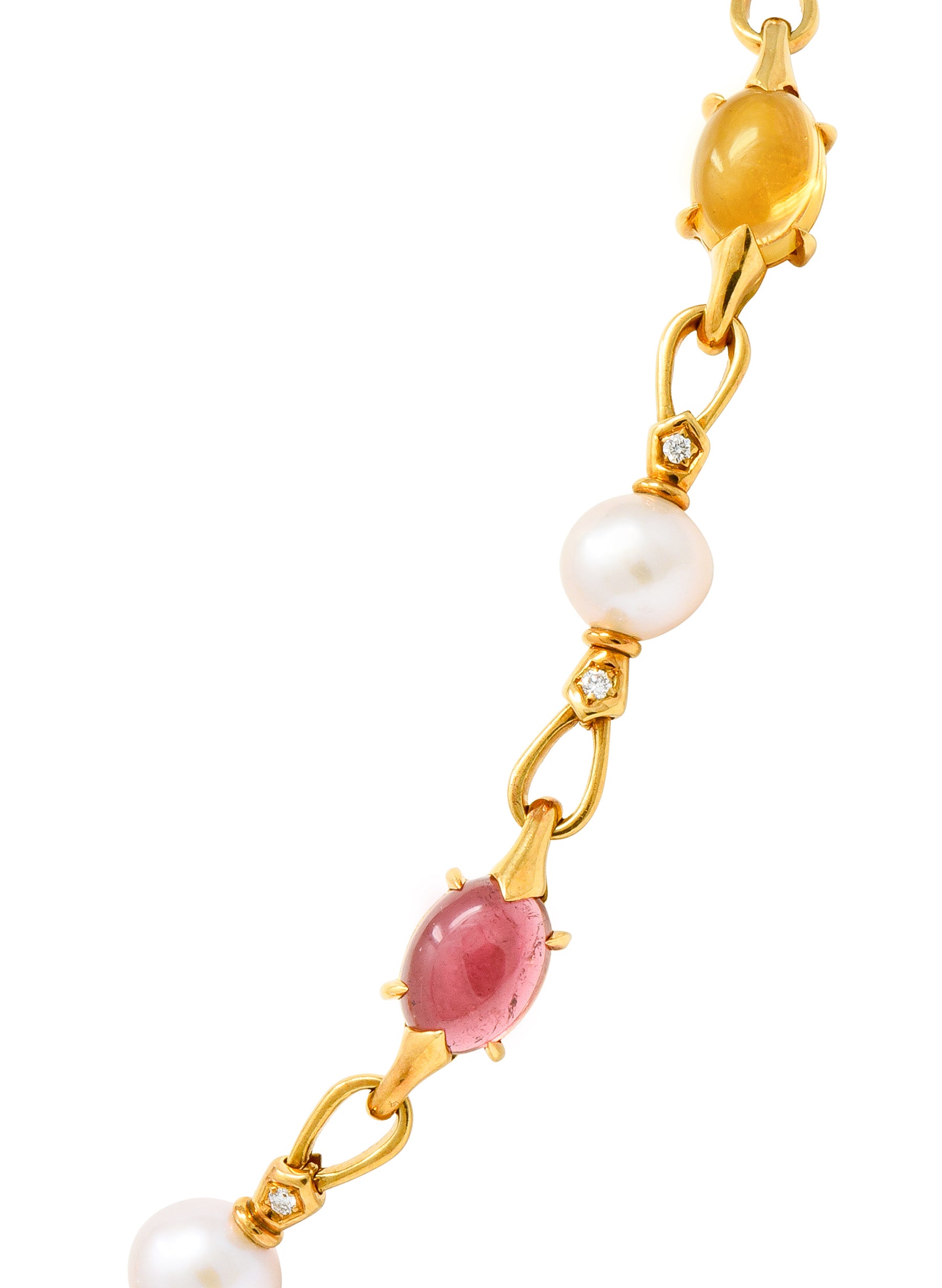 Bulgari Allegra Tourmaline Citrine Topaz Pearl Diamond 18 Karat Gold Station Chain Link Necklace - Wilson's Estate Jewelry