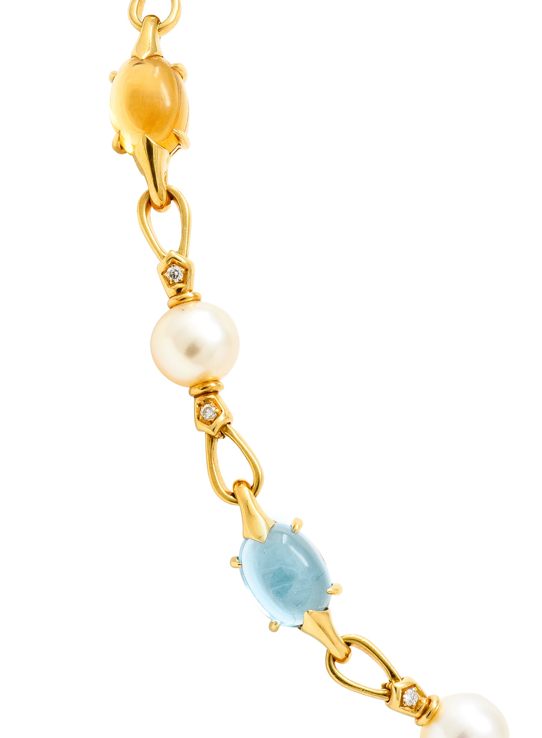 Bulgari Allegra Tourmaline Citrine Topaz Pearl Diamond 18 Karat Gold Station Chain Link Necklace - Wilson's Estate Jewelry