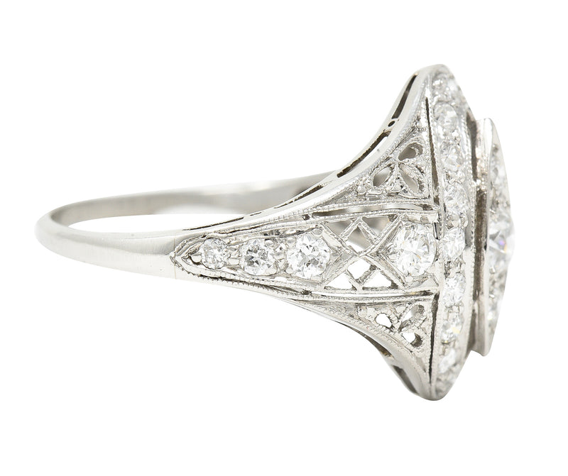 Art Deco 0.72 CTW Old European Cut Diamond Platinum Foliate Filigree Navette Dinner Ring Wilson's Estate Jewelry
