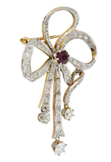 Edwardian 5.48 CTW Ruby Diamond Platinum-Topped 14 Karat Gold Bow BroochBrooch - Wilson's Estate Jewelry