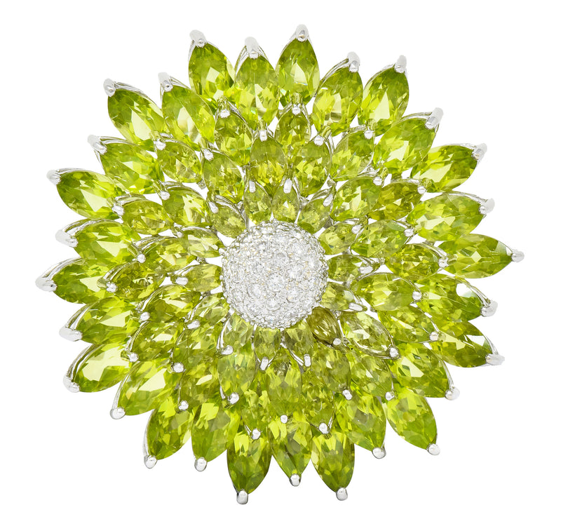 Contemporary Diamond Peridot 18 Karat White Gold Radiating Floral Brooch - Wilson's Estate Jewelry