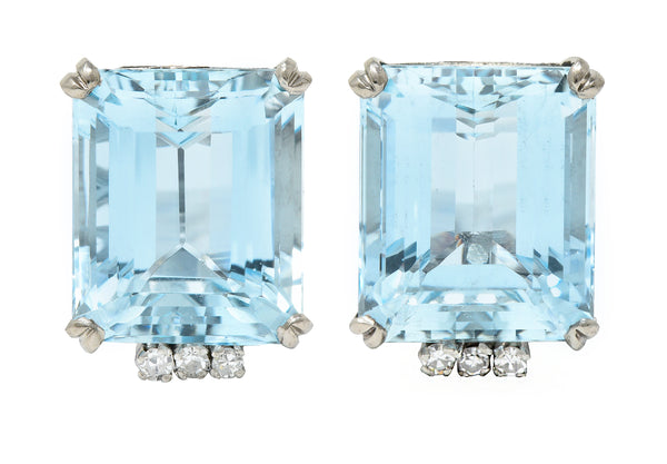 Art Deco 26.32 CTW Aquamarine Diamond 18 Karat White Gold Scroll Screw Back Earrings Wilson's Estate Jewelry