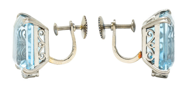 Art Deco 26.32 CTW Aquamarine Diamond 18 Karat White Gold Scroll Screw Back Earrings Wilson's Estate Jewelry