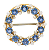 Antique A.J. Hedges 2.48 CTW Sapphire Diamond Pearl 14 Karat Yellow Gold Circle Brooch Wilson's Estate Jewelry