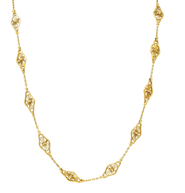 French Victorian 18 Karat Yellow Gold Filigree Navette 30 1/2 Inch Long Antique Chain Necklace Wilson's Estate Jewelry