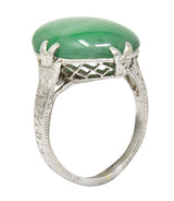 Art Deco Jade Cabochon Platinum Orange Blossom Gemstone Ring Wilson's Estate Jewelry