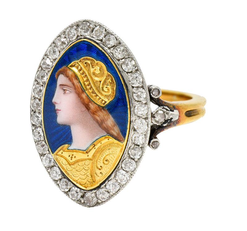 1890's Victorian Guilloche Enamel Diamond Platinum-Topped 18 Karat Gold Portrait RingRing - Wilson's Estate Jewelry