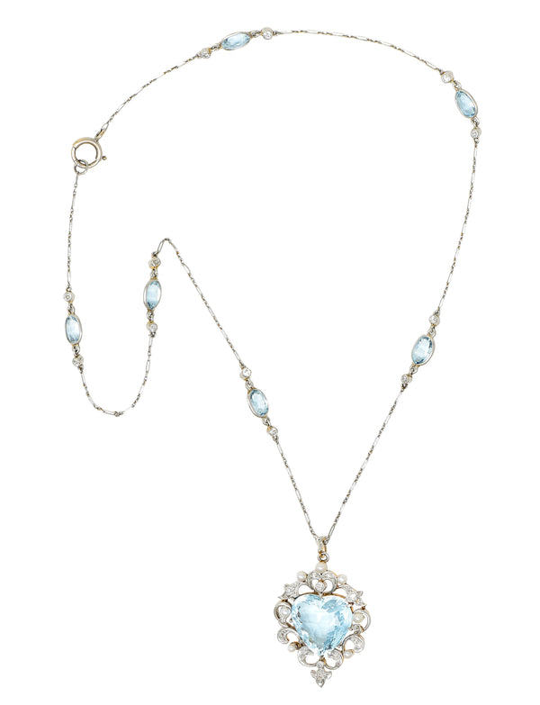 Edwardian Aquamarine Diamond Pearl Platinum-Topped 14 Karat Yellow Gold Heart Antique Pendant Station Necklace Wilson's Estate Jewelry