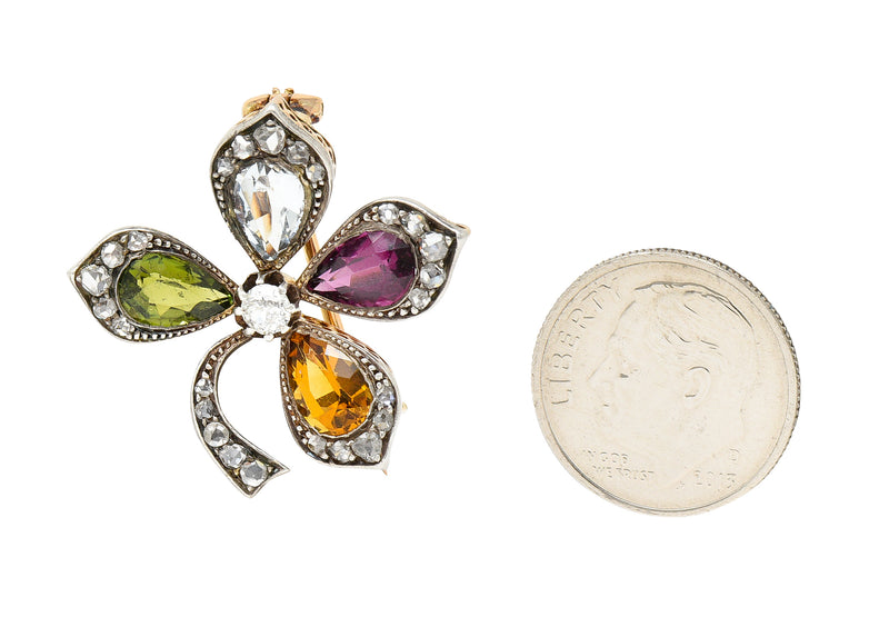 Victorian Aquamarine Garnet Citrine Peridot Diamond Silver-Topped 14 Karat Yellow Gold Four Leaf Clover Antique Brooch Wilson's Estate Jewelry