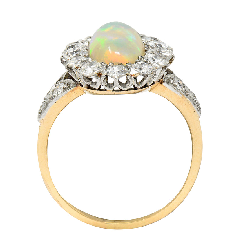 Edwardian Jelly Opal Diamond Platinum-Topped 14 Karat Gold Cluster Ring Wilson's Estate Jewelry
