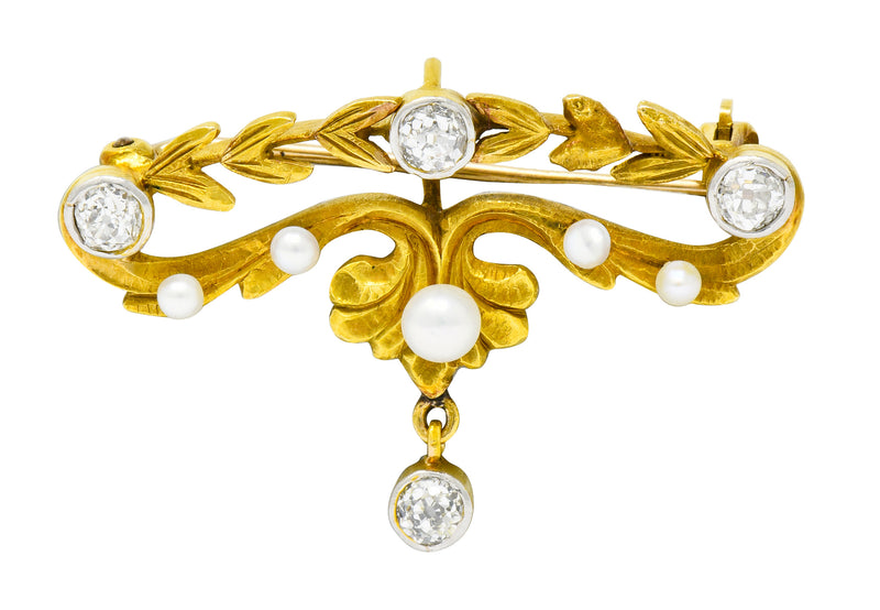 Art Nouveau Diamond Pearl Platinum-Topped 14 Karat Gold Articulated Foliate Brooch - Wilson's Estate Jewelry