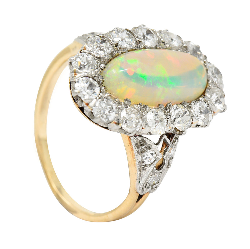 Edwardian Jelly Opal Diamond Platinum-Topped 14 Karat Gold Cluster Ring Wilson's Estate Jewelry