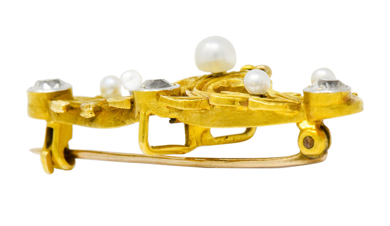 Art Nouveau Diamond Pearl Platinum-Topped 14 Karat Gold Articulated Foliate Brooch - Wilson's Estate Jewelry