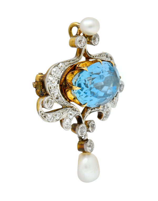 Edwardian 5.45 CTW Aquamarine Diamond Pearl Platinum-Topped 18 Karat Gold BroochBrooch - Wilson's Estate Jewelry