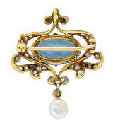 Edwardian 5.45 CTW Aquamarine Diamond Pearl Platinum-Topped 18 Karat Gold BroochBrooch - Wilson's Estate Jewelry
