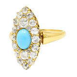 Victorian 1.68 CTW Old European Cut Diamond Turquoise 18 Karat Yellow Gold Antique Navette Cluster Ring Wilson's Estate Jewelry