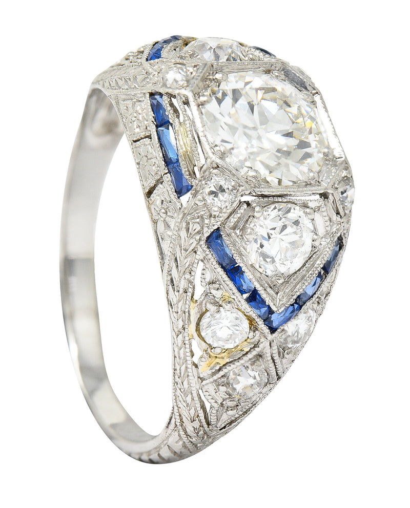 Art Deco 2.18 CTW Diamond Sapphire Platinum Engraved Engagement Ring Wilson's Estate Jewelry