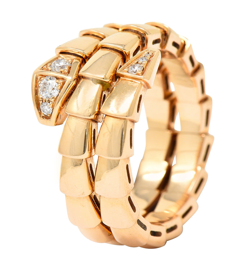 Bulgari Italy Diamond 18 Karat Rose Gold Flexible Snake Serpenti Band Ring Wilson's Estate Jewelry