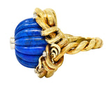 1960's Vintage Carved Lapis Lazuli Diamond 18 Karat Two-Tone Gold Statement Ring Wilson's Estate Jewelry