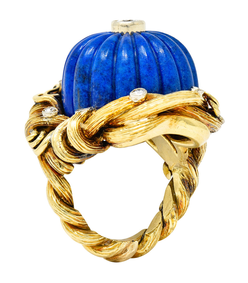 1960's Vintage Carved Lapis Lazuli Diamond 18 Karat Two-Tone Gold Statement Ring Wilson's Estate Jewelry