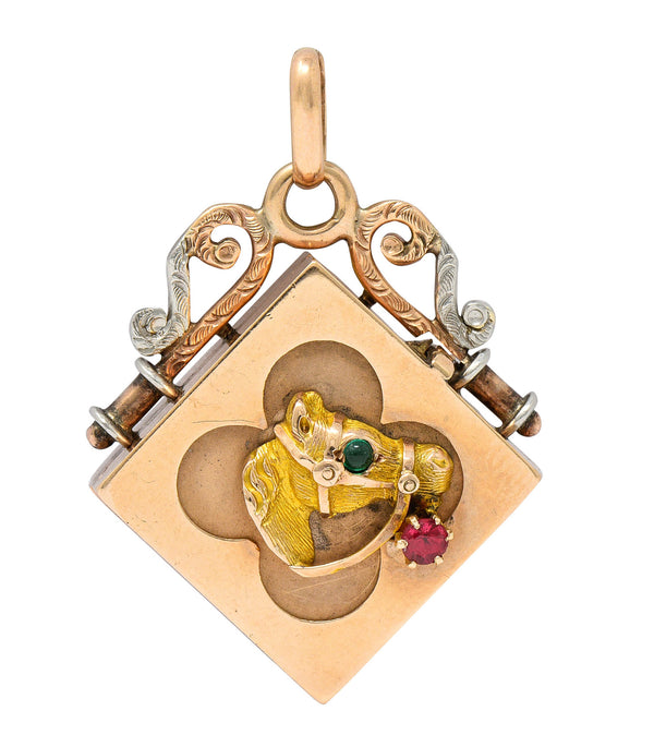 Victorian Garnet Glass 14 Karat Tri-Colored Gold Horse Locket Pendantcharm - Wilson's Estate Jewelry