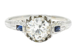 Art Deco 1.23 CTW Diamond Sapphire 14 Karat White Gold Foliate Engagement Ring GIARing - Wilson's Estate Jewelry